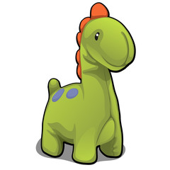 Plush toy in the form of green dinosaur isolated on white background. Vector cartoon close-up illustration.