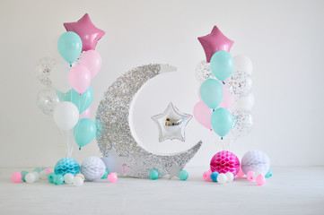 A lot of balloons red blue and white colors. Decorations for holiday party. Birthday decorations ideas. 