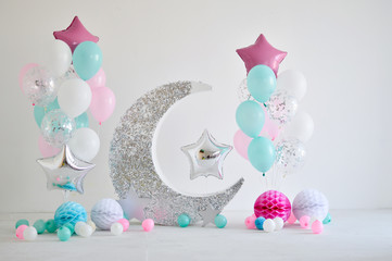 A lot of balloons red blue and white colors. Decorations for holiday party. Birthday decorations ideas. 
