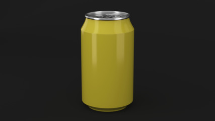 Blank small yellow aluminium soda can mockup on black background