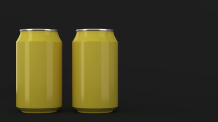 Two small yellow aluminum soda cans mockup on black background