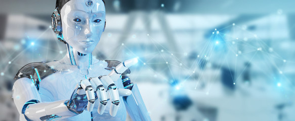 White woman robot using digital network connection 3D rendering