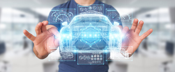 Businessman using modern smart car interface 3D rendering