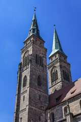 Fototapeta na wymiar Towers of St. Sebald Church, Nuremberg, Middle Franconia, Bavaria, Germany, Europe