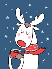 Fototapeta premium Cute Christmas deer with cup of cocoa and pices of marshmallows. Cartoon funny animal vector illustration Xmas card