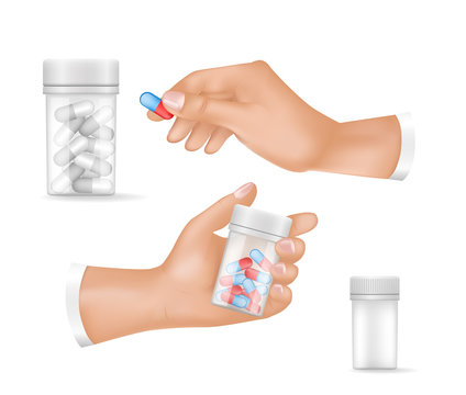 Medicines in Small Plastic Bottles and Human Hands