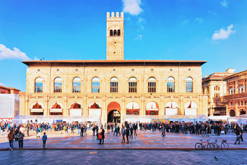 People at Palazzo del Podesta on Piazza Maggiore Square Bologna © Roman Babakin