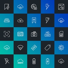 Modern Simple Set of cloud and networking, mobile, video, photos, bookmarks Vector outline Icons. Contains such Icons as  and more on dark and gradient background. Fully Editable. Pixel Perfect.