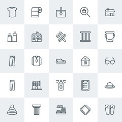 Modern Simple Set of clothes, buildings, housekeeping Vector outline Icons. Contains such Icons as  basket,  column, pantry, winter, hat and more on white background. Fully Editable. Pixel Perfect.