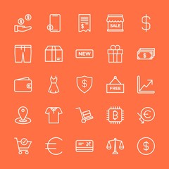 Modern Simple Set of clothes, money, shopping Vector outline Icons. Contains such Icons as  phone,  financial,  retro,  currency,  digital and more on orange background. Fully Editable. Pixel Perfect.