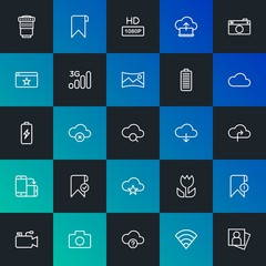Modern Simple Set of cloud and networking, mobile, video, photos, bookmarks Vector outline Icons. Contains such Icons as  and more on dark and gradient background. Fully Editable. Pixel Perfect.