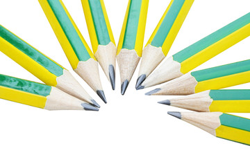 Green and yellow pencils alternating in semicircle shape isolated on white background  - Powered by Adobe