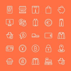 Modern Simple Set of clothes, money, shopping Vector outline Icons. Contains such Icons as  wear,  door, atm, map, fashion,  casual,  sign and more on orange background. Fully Editable. Pixel Perfect.