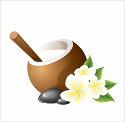 coconut with tropical flowers