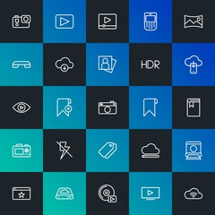 Modern Simple Set of cloud and networking, mobile, video, photos, bookmarks Vector outline Icons. Contains such Icons as  and more on dark and gradient background. Fully Editable. Pixel Perfect.