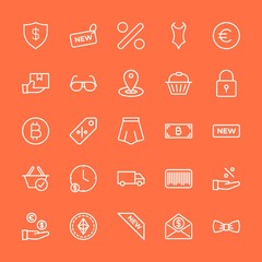Modern Simple Set of clothes, money, shopping Vector outline Icons. Contains such Icons as percentage,  discount, summer, fashion,  female and more on orange background. Fully Editable. Pixel Perfect.
