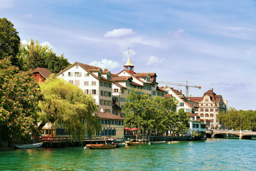 Old Buildings and Limmat Quay in Zurich Switzerland