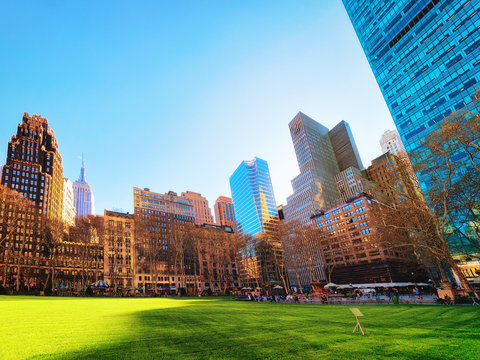 Green Lawn with Skyscrapers in Bryant Park Manhattan NY