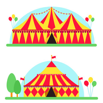 Circus show entertainment tent marquee outdoor festival with stripes flags carnival vector illustration.