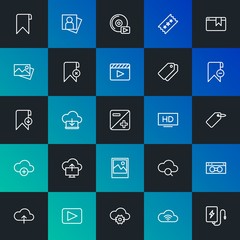Modern Simple Set of cloud and networking, mobile, video, photos, bookmarks Vector outline Icons. Contains such Icons as  and more on dark and gradient background. Fully Editable. Pixel Perfect.