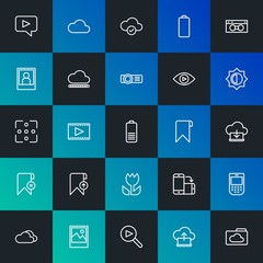 Modern Simple Set of cloud and networking, mobile, video, photos, bookmarks Vector outline Icons. Contains such Icons as  and more on dark and gradient background. Fully Editable. Pixel Perfect.