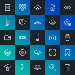 Modern Simple Set of cloud and networking, mobile, video, photos, bookmarks Vector outline Icons. Contains such Icons as  and more on dark and gradient background. Fully Editable. Pixel Perfect.