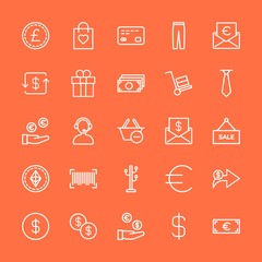 Modern Simple Set of clothes, money, shopping Vector outline Icons. Contains such Icons as  box,  dollar,  bag, service,  gift,  call, tie and more on orange background. Fully Editable. Pixel Perfect.