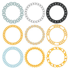 Chains link strength connection vector borders of metal linked parts frames and iron equipment protection strong sign shiny design background.