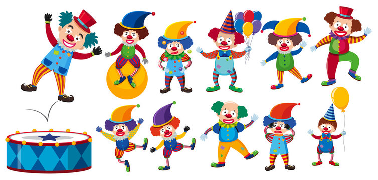 A Set of Clown on White Background