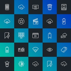 Modern Simple Set of cloud and networking, mobile, video, photos, bookmarks Vector outline Icons. Contains such Icons as  and more on dark and gradient background. Fully Editable. Pixel Perfect.