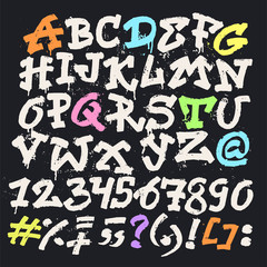 Alphabet graffity vector alphabetical font ABC by brush stroke with letters and numbers or grunge alphabetic typography illustration isolated on black background © creativeteam