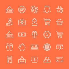 Modern Simple Set of clothes, money, shopping Vector outline Icons. Contains such Icons as  underwear,  world,  finance,  money,  shorts and more on orange background. Fully Editable. Pixel Perfect.