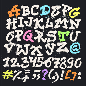 Alphabet graffity vector alphabetical font ABC by brush stroke with letters and numbers or grunge alphabetic typography illustration isolated on black background