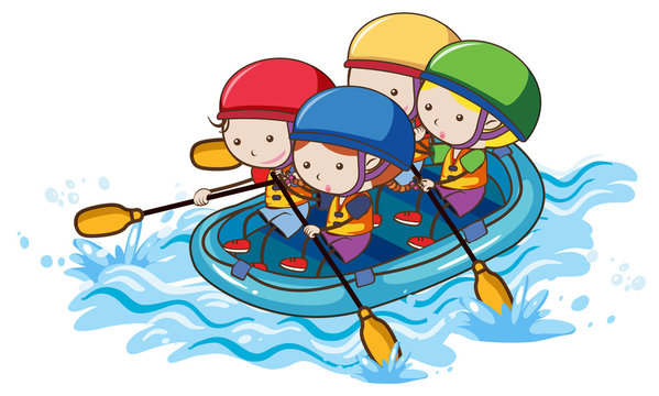 Doodle Kids Rafting on White Background