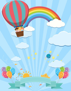 Cute Template with Kids on Hot Air Balloon