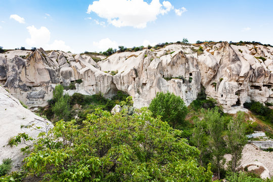 walls of gorge with ancient settlement near Goreme