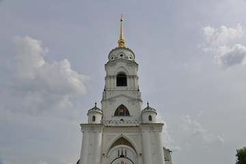 Fototapeta na wymiar VLADIMIR, RUSSIA - MARCH 18, 2018: Assumption Cathedral of the XII century. An outstanding monument of white stone architecture. Gold Ring of Russia. UNESCO World Heritage 