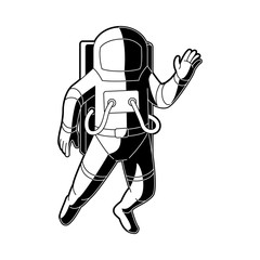 Cosmonaut in spacesuit flying in weightlessness in outer space isolated on white background. Black and white vector illustration of astronaut in zero gravity waving hand.
