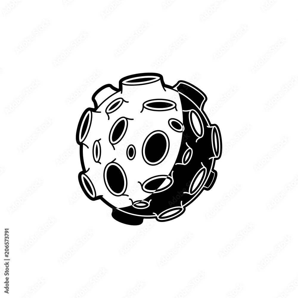 Wall mural outer space object - planet or asteroid with lots of craters isolated on white background. black and