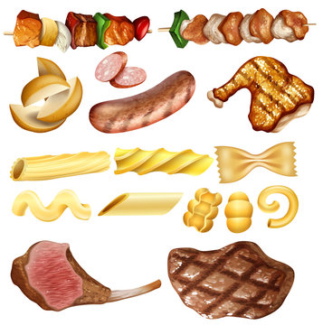 Pasta and Meat on White Background