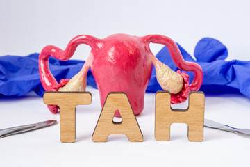 TAN Surgical medical acronym or abbreviation of total abdominal hysterectomy - surgery of remove woman uterus (womb). Word TAN near figure of uterus, two scalpels and protection surgical gloves