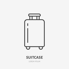 Luggage flat line icon. Wheeled suitcase sign. Thin linear logo for airport baggage rules.