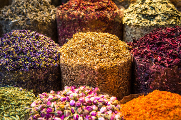 Closeup of fragrant oriental spices at spice market in Middle East