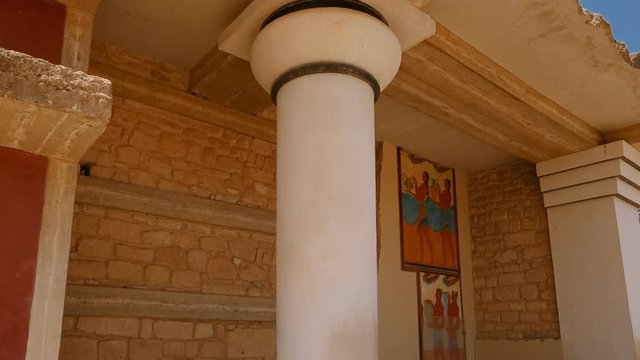Close-up shot of a temple painted with Minoan frescoes in the famous Palace of Knossos, Heraklion, Crete, Greece.