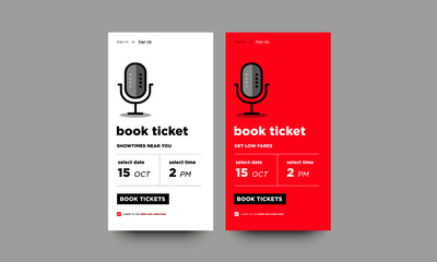 Book Ticket UX UI Screen For Mobile Phones with mic Illustration