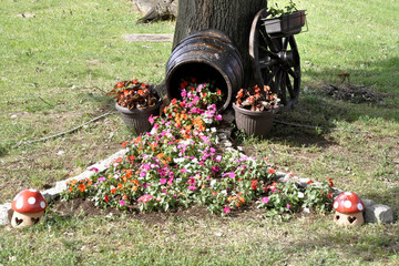 Variety of flowers in barrel and surrounding area