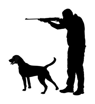 Hunter with dog aiming with his rifle vector silhouette. Outdoor hunting scene. Labrador dog pointing in hunting. 