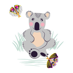 Koala cute bear and moths on a meadow vector clipart.