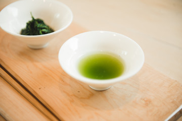 Japanese Sencha Tea Leaves. Top view with copy space