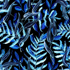 Seamless Realistic Watercolor Greenery Pattern. Hand Drawn Leaves and Branches Print. Summer, Spring Forest Herbs, Plants Texture. Foliage in Vintage Style. Nature Eco Friendly Concept. Textile.